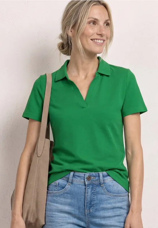 Kurzarm Poloshirt mit Split Neck Grün