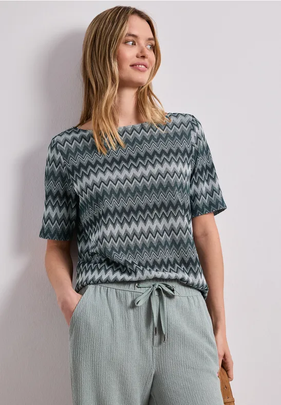 Street One Frauen T-Shirt mit Boatneck und Zick-Zack-Print in Grün, Gr: 44