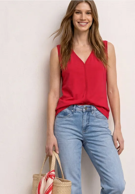 Street One Frauen Top mit V-Neck und Crochet-Tape in Rot, Gr: 34