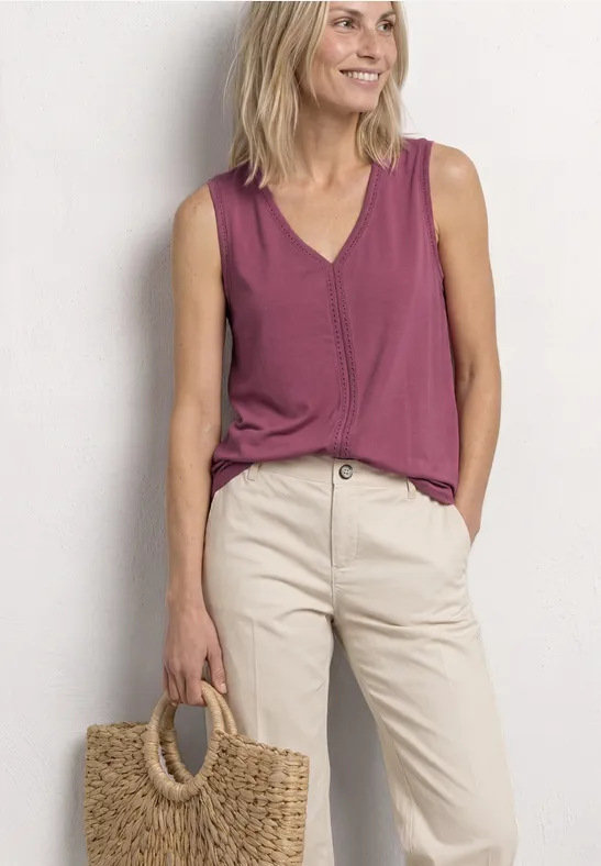 Top mit V-Neck und Crochet-Tape female Rosa