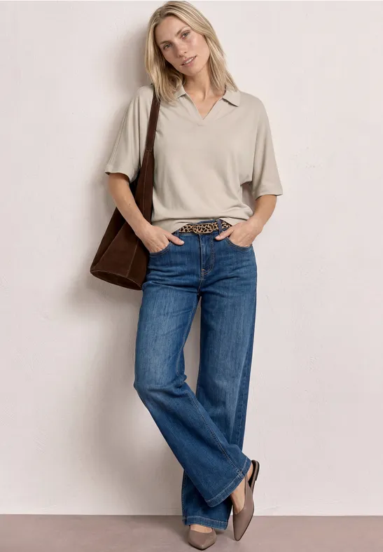 Street One Frauen Dropped Shoulder Poloshirt mit Elastikbund in Beige, Gr: 40