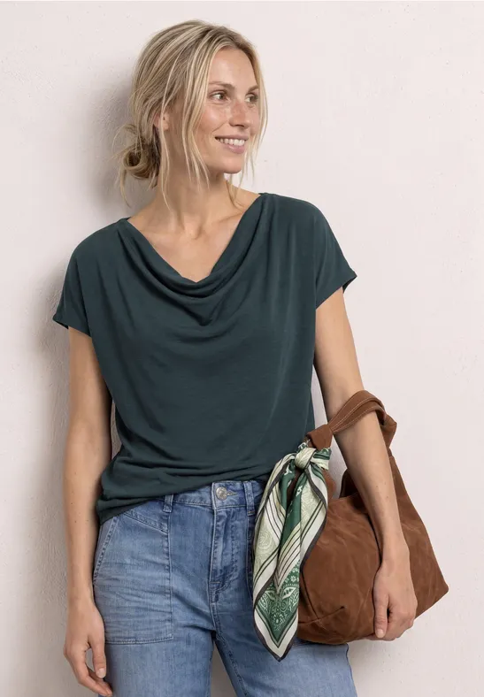 Street One Frauen Dropped Shoulder Shirt mit Wasserfall-Front in Grün, Gr: 42