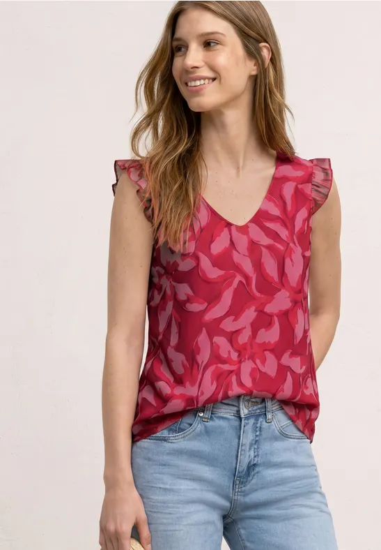 Street One Frauen Mesh-Top mit V-Neck und Print in Rot, Gr: 36