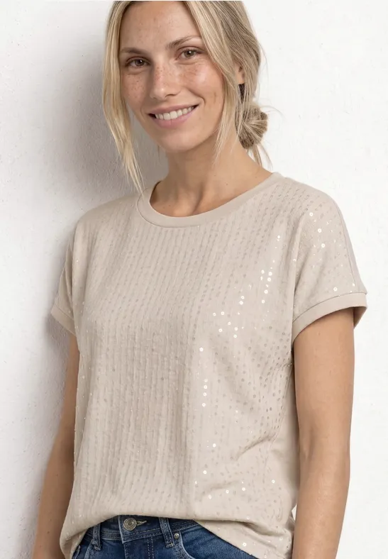 T-Shirt mit Rundhals und Pailletten female Beige