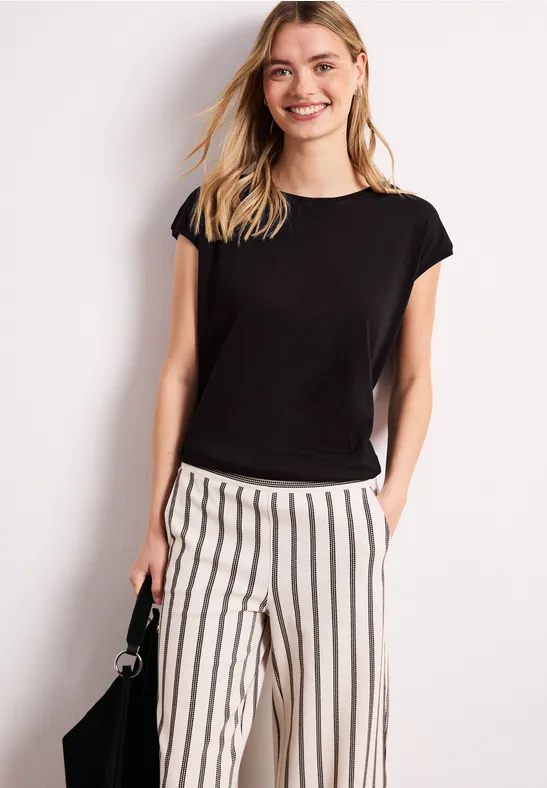 Street One Frauen Shirt mit Boatneck und Deko-Detail in Schwarz, Gr: 36