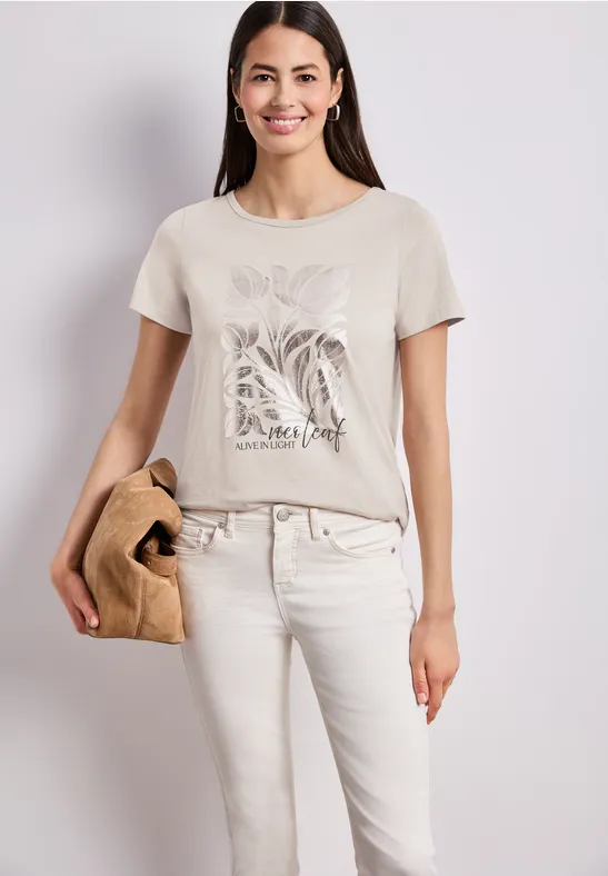T-Shirt mit Rundhals und Folienprint female Beige