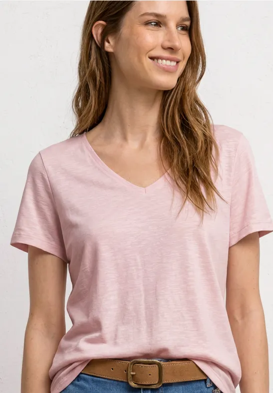 Street One Frauen Basic T-Shirt mit V-Neck in Unifarbe in Rosa, Gr: 46