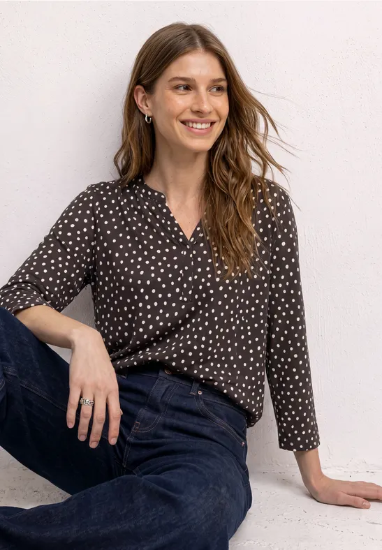 3/4-Arm Shirt mit Split Neck und Print