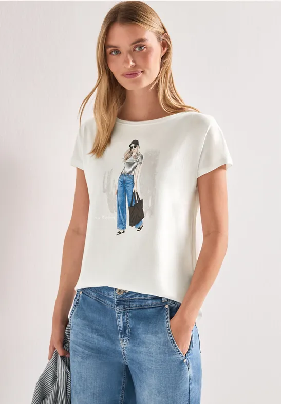 Dropped Shoulder Shirt mit Frontprint female Weiß