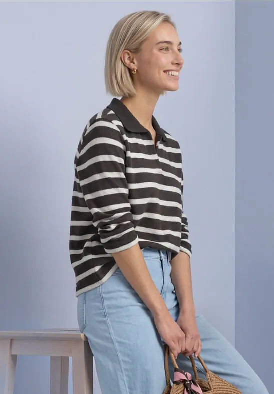 3/4-Arm Poloshirt mit Streifenmuster