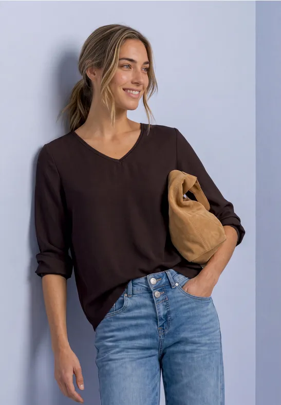 Langarm Shirt mit V-Neck und Strukturmix