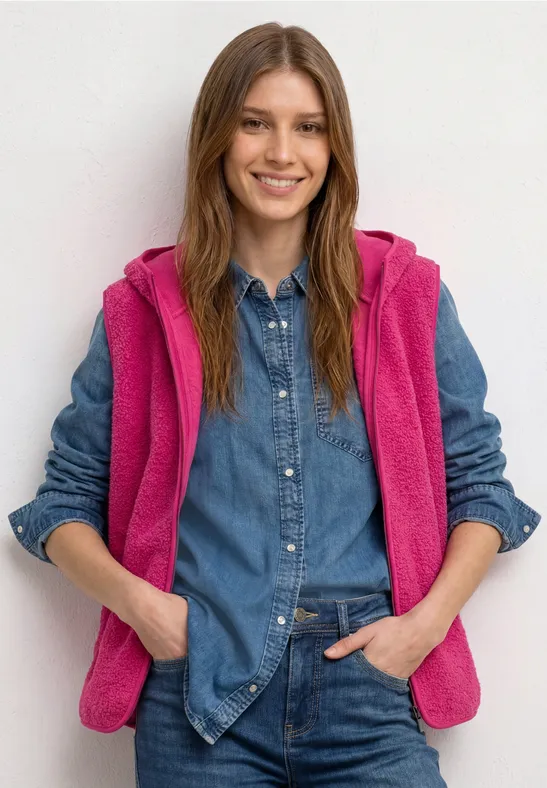 Teddy-Weste mit Kapuze und Zipper
