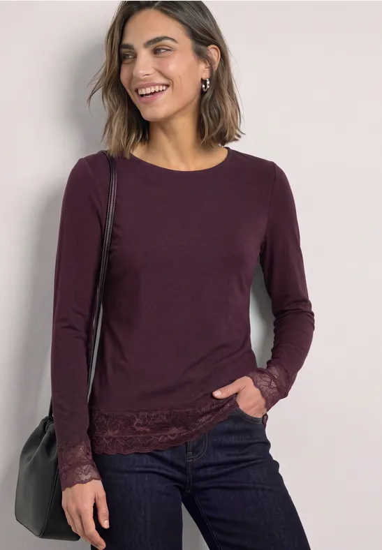 Shirt met lange mouwen, boothals en kant