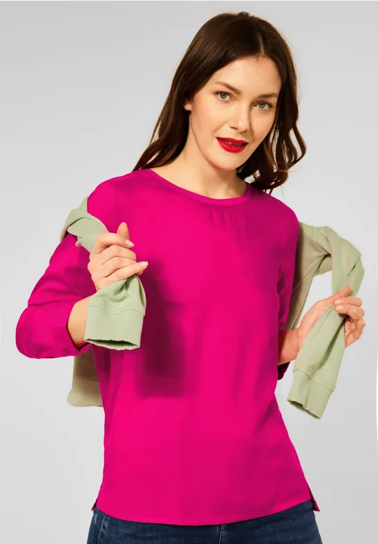 Street One Damen Bluse Rundhals - Melange Viskose Langarm Mit Knopf-Bündchen
