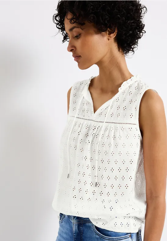 Thumbnail - Street One Frauen Ärmellose Stickmuster Bluse in Weiß, Gr: 46