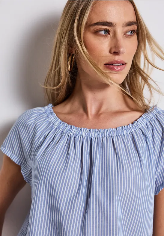 Thumbnail - Street One Frauen Gestreifte Baumwoll-Bluse in Blau, Gr: 46
