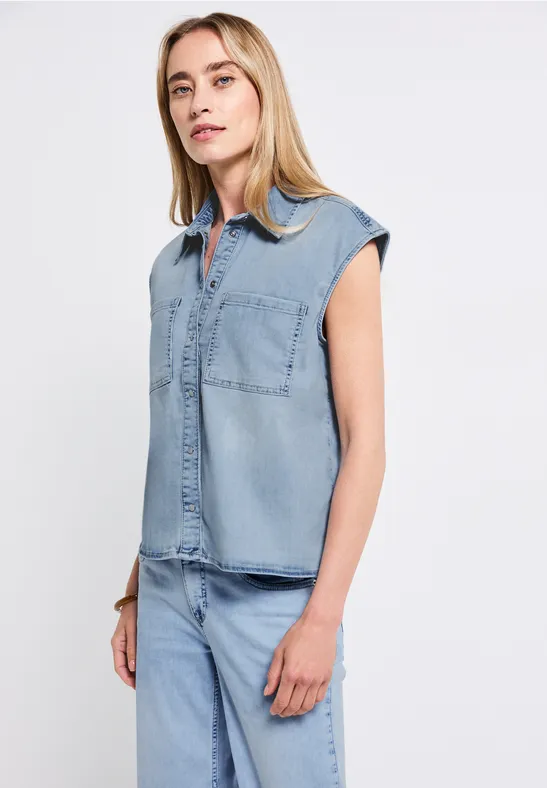 Thumbnail - Street One Frauen Jeansbluse im Bleached-Look in Blau, Gr: 36