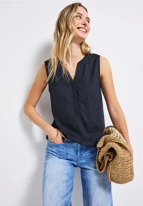 Thumbnail - Street One Frauen Blusentop in Unifarbe in Blau, Gr: 46