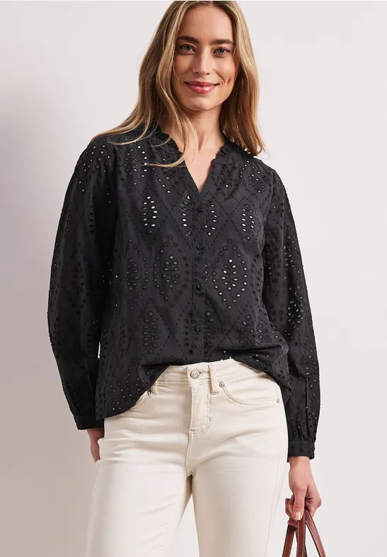 Street One Frauen Bluse mit Split Neck und Shiffley-Muster in Schwarz, Gr: 42