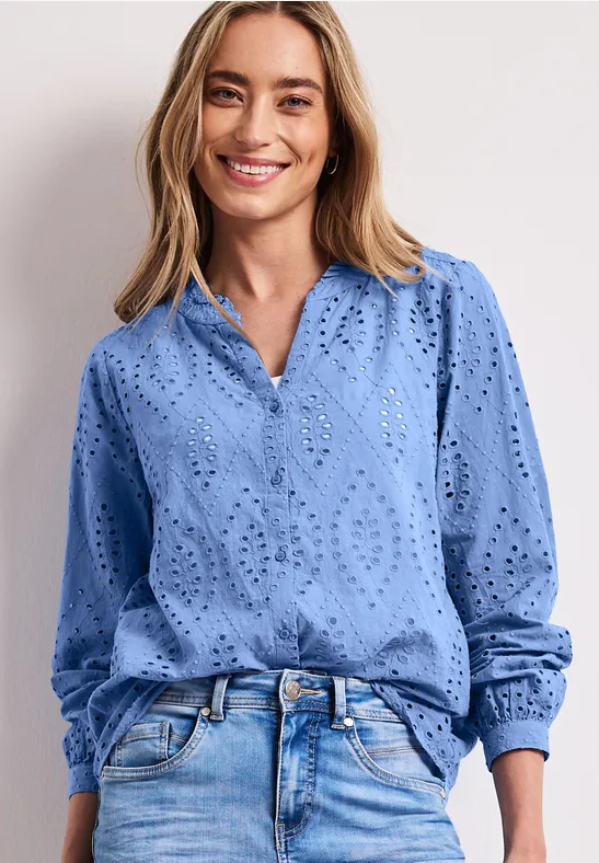 Street One Frauen Bluse mit Split Neck und Shiffley-Muster in Blau, Gr: 34