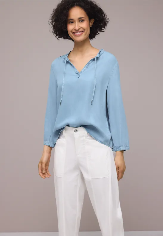 Street One Frauen 3/4-Arm Bluse mit Split Neck im Denim-Look in Blau, Gr: 38