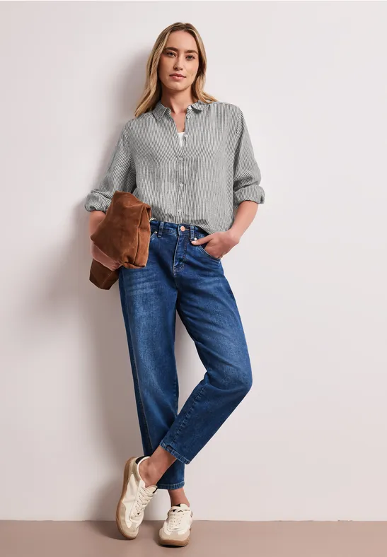 Street One Frauen 3/4-Arm Hemdbluse aus Leinen mit Streifen in Schwarz, Gr: 34