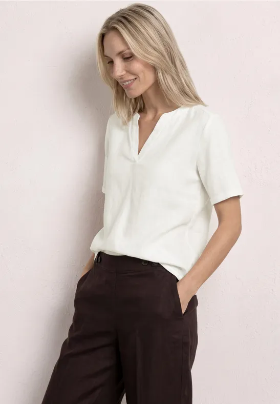 Street One Frauen Bluse mit Split Neck aus Leinenmix in Weiß, Gr: 46