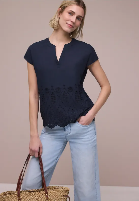 Street One Frauen Blusenshirt mit Shiffleymuster in Blau, Gr: 44