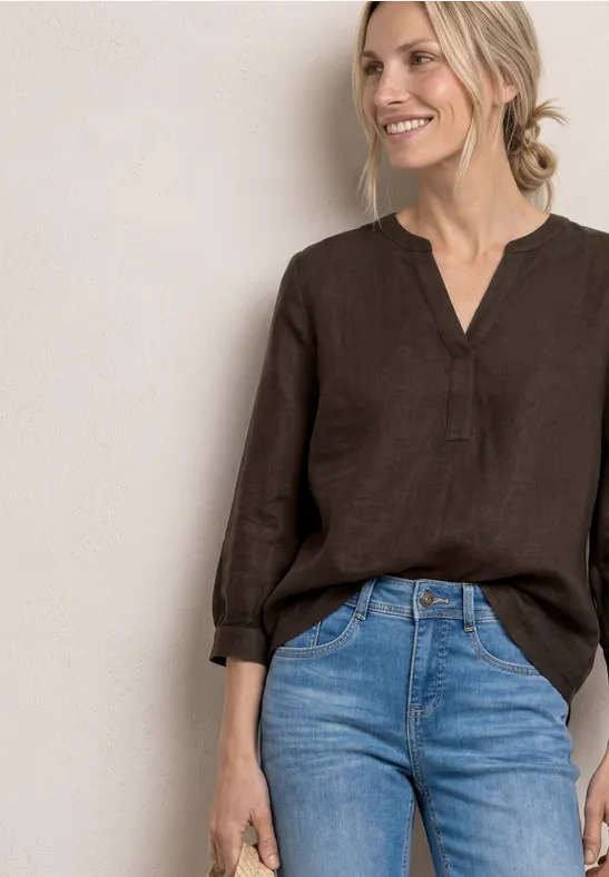 Street One Frauen 3/4-Arm Bluse aus Leinenmix mit Split Neck in Braun, Gr: 34