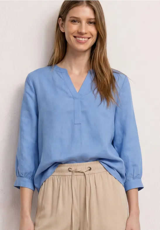 Street One Frauen 3/4-Arm Bluse aus Leinenmix mit Split Neck in Blau, Gr: 46