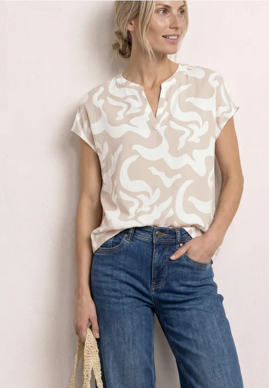 Street One Frauen Dropped Shoulder Blusenshirt mit Print in Beige, Gr: 38
