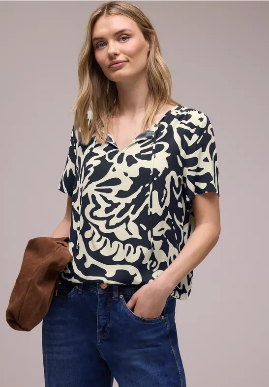 Thumbnail - Street One Frauen Bluse mit Split Neck und Bändern in Blau, Gr: 36