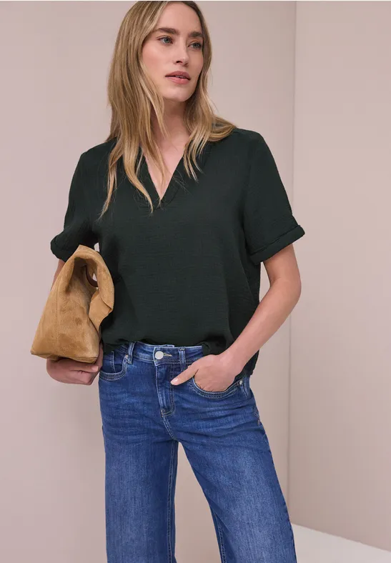 Street One Frauen Kurzarm Bluse in Musselinqualität mit Turn-Up in Grün, Gr: 40