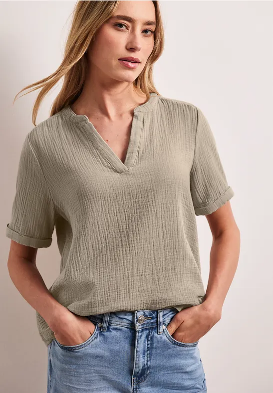 Street One Frauen Kurzarm Bluse in Musselinqualität mit Turn-Up in Beige, Gr: 42