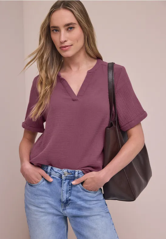Street One Frauen Kurzarm Bluse in Musselinqualität mit Turn-Up in Rosa, Gr: 46
