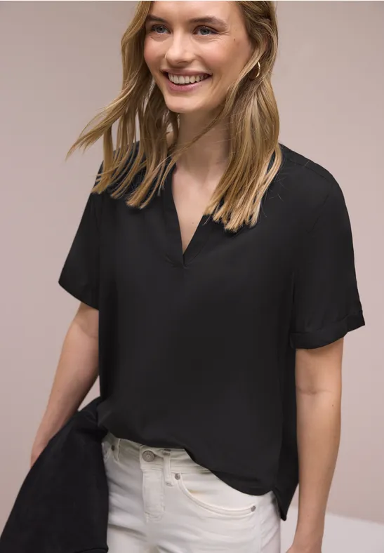 Thumbnail - Street One Frauen Bluse mit Split Neck und Turn-Up in Schwarz, Gr: 46