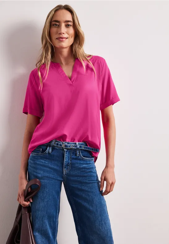 Street One Frauen Kurzarm Bluse mit Split Neck in Unifarbe in Pink, Gr: 36