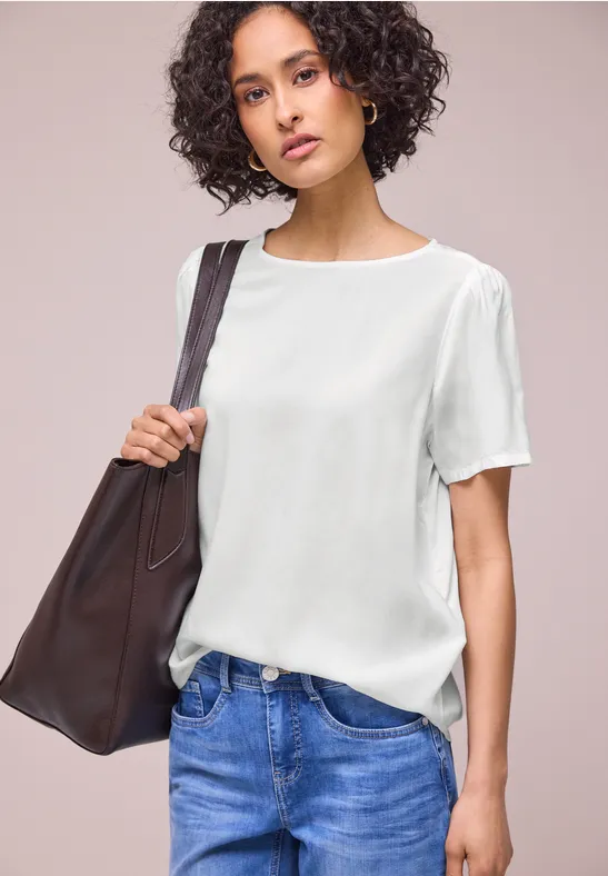 Street One Frauen Bluse mit Rundhals und kurzen Puffärmeln in Weiß, Gr: 34