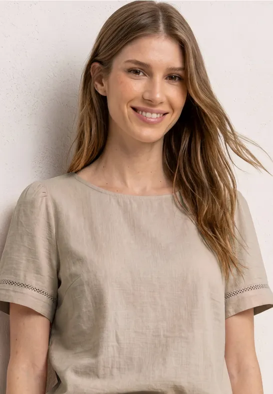 Street One Frauen Blusenshirt mit Rundhals und Tape-Details in Beige, Gr: 40