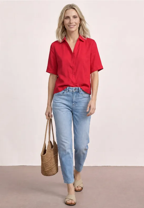 Kurzarm Hemdbluse in Unifarbe female Rot