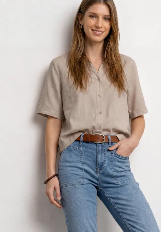 Kurzarm Hemdbluse in Unifarbe female Beige