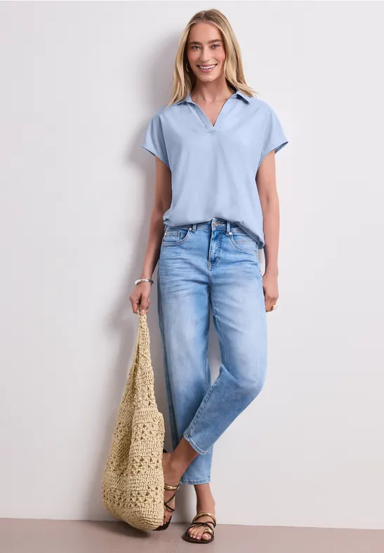 Blusenshirt mit Hemdkragen und Elastiksaum female Blau