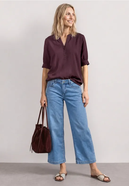 Kurzarm Bluse mit Split Neck und Elastiksaum female Rot