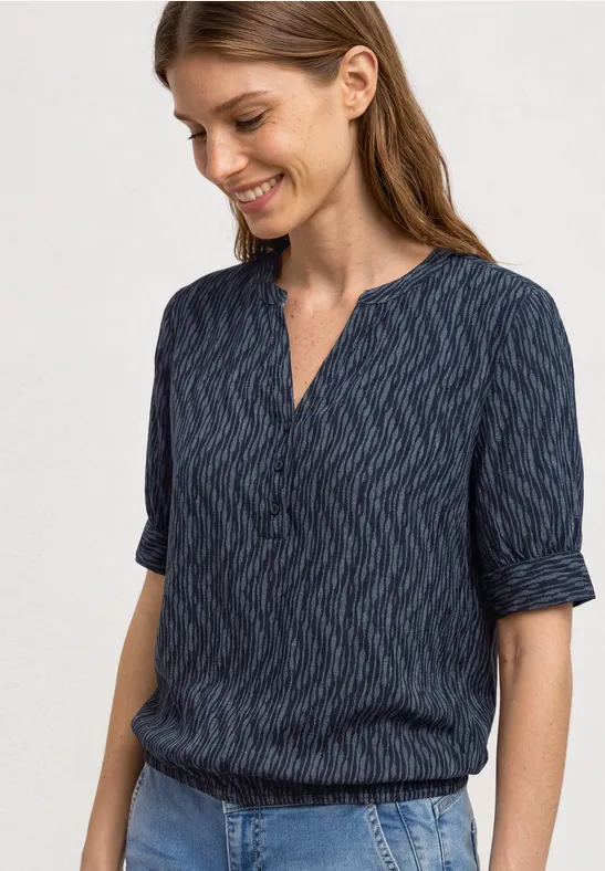 Kurzarm Bluse mit Split Neck und Elastiksaum female Blau