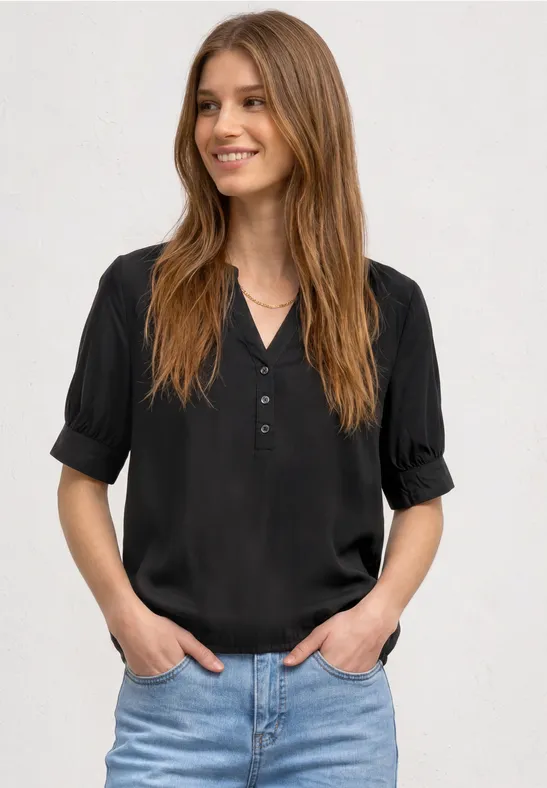 Kurzarm Bluse mit Split Neck und Elastiksaum
