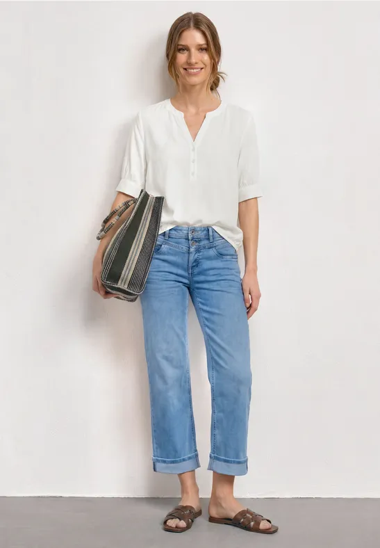 Kurzarm Bluse mit Split Neck und Elastiksaum