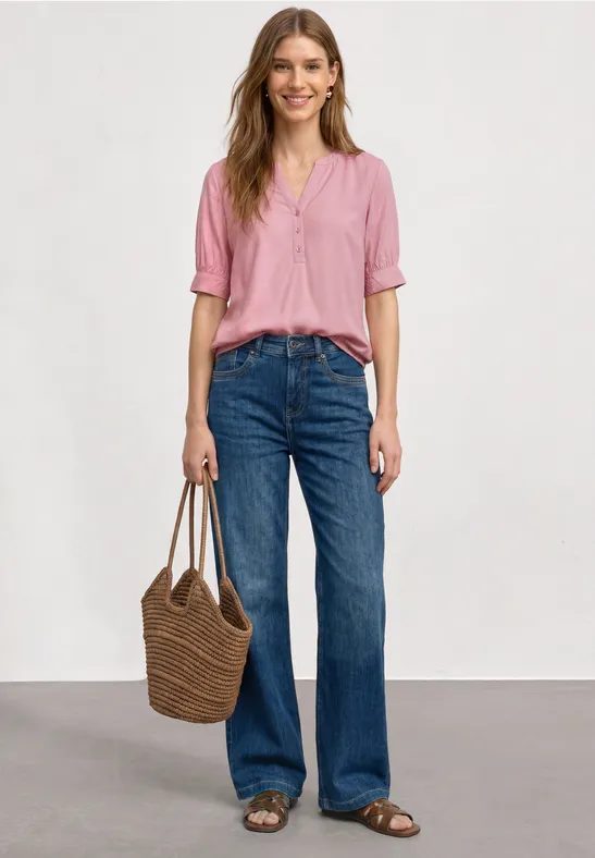 Kurzarm Bluse mit Split Neck und Elastiksaum
