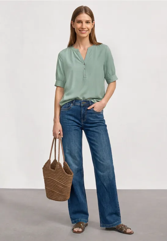 Street One Kurzarm Bluse mit Split Neck und Elastiksaum