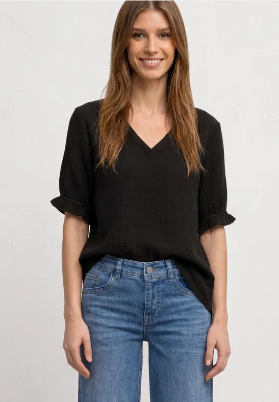 Kurzarm Bluse mit V-Neck und Rüschen