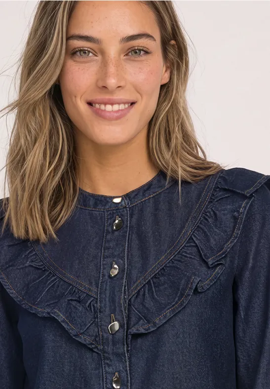 Street One Denimblouse met lange mouwen en ruches